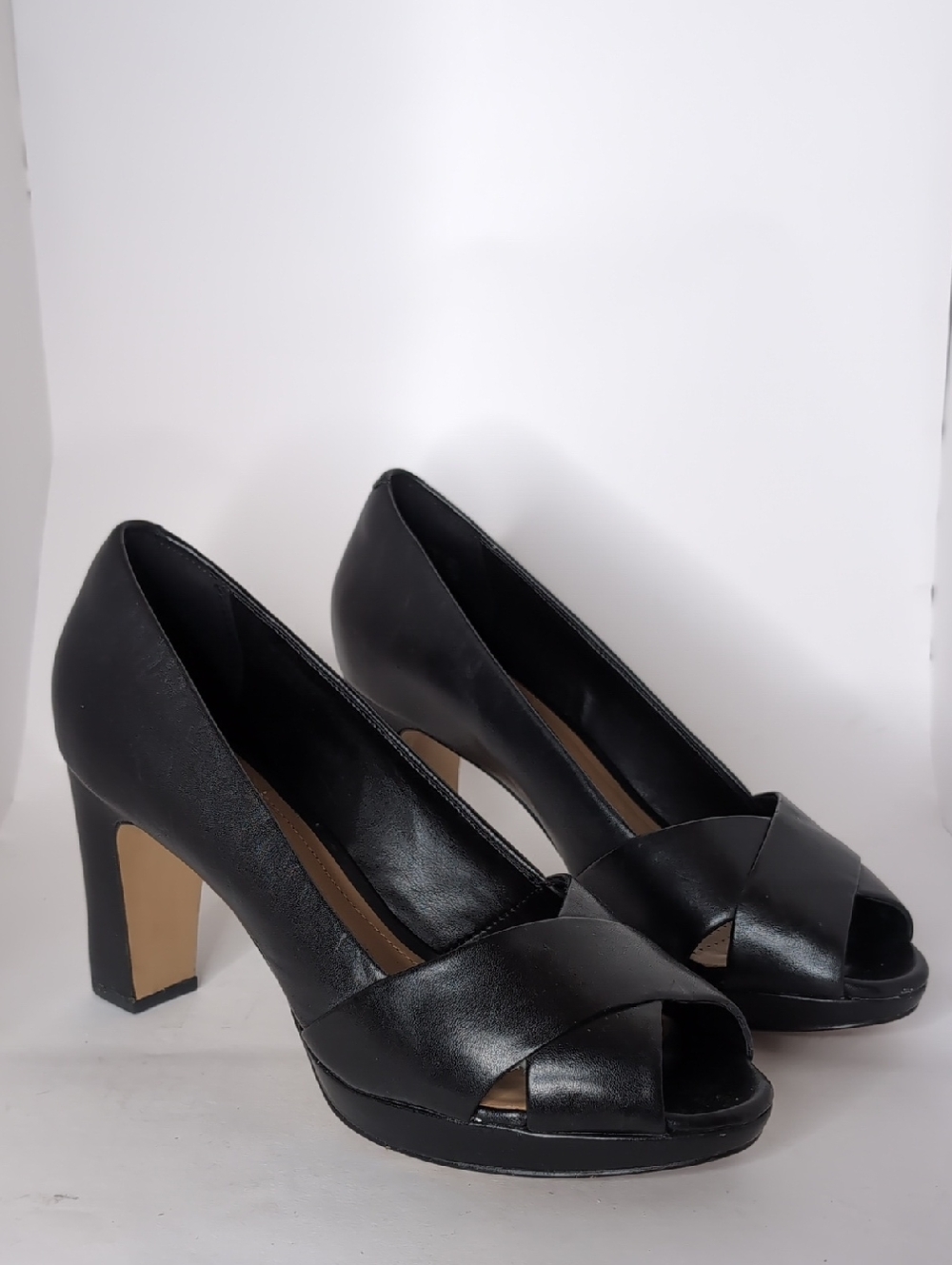Clarks Black Peep-Toe Crossover Block Heels